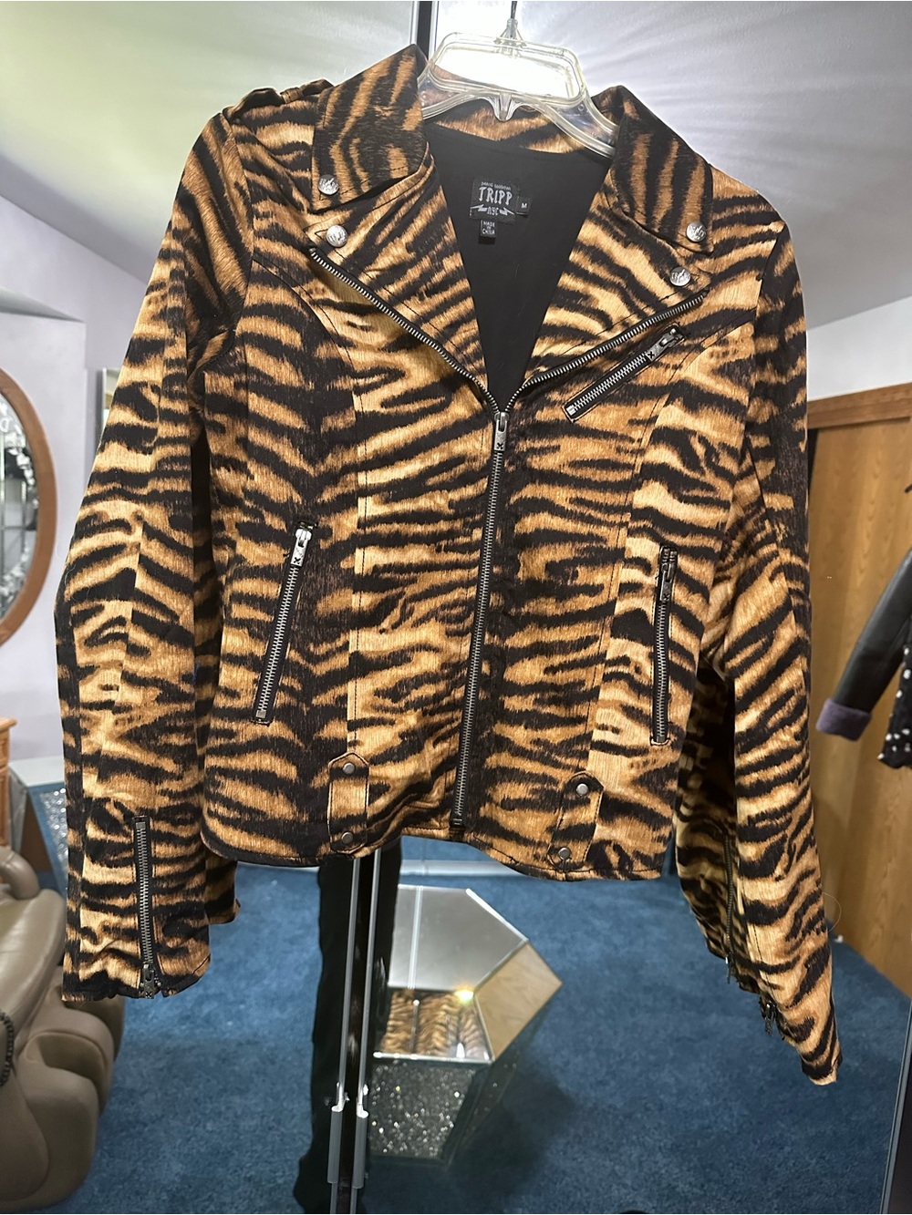 Tripp NYC Tiger-Print Moto Jacket - Black & Tan